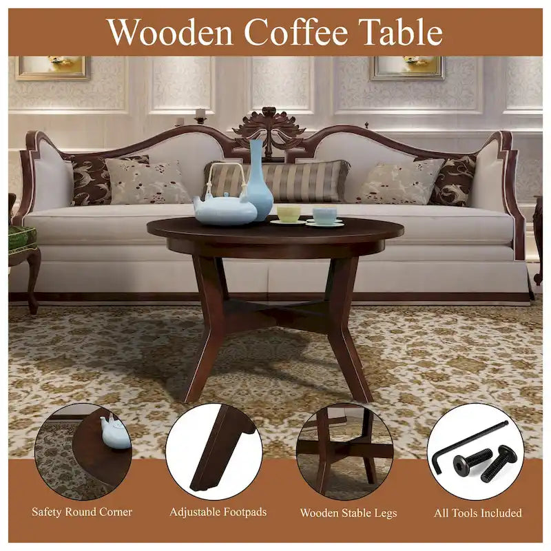 Mid Century Farmhouse 32inch Wood Round Coffee Table for Living Room
