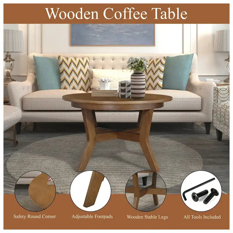 Mid Century Farmhouse 32inch Wood Round Coffee Table for Living Room