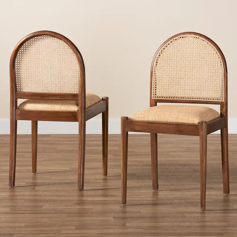 Maryland Modern Bohemian Natural Rattan and Acacia Wood 2-Piece Dining Chair Set
