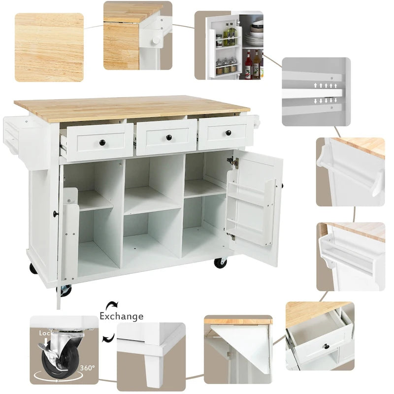 Kitchen Island on 5 Wheels with Storage Cabinet and 3 Drawers