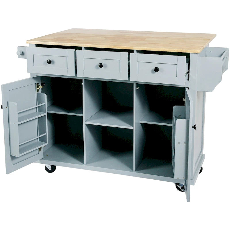 Kitchen Island on 5 Wheels with Storage Cabinet and 3 Drawers