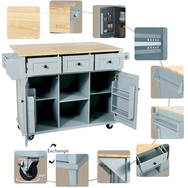 Kitchen Island on 5 Wheels with Storage Cabinet and 3 Drawers