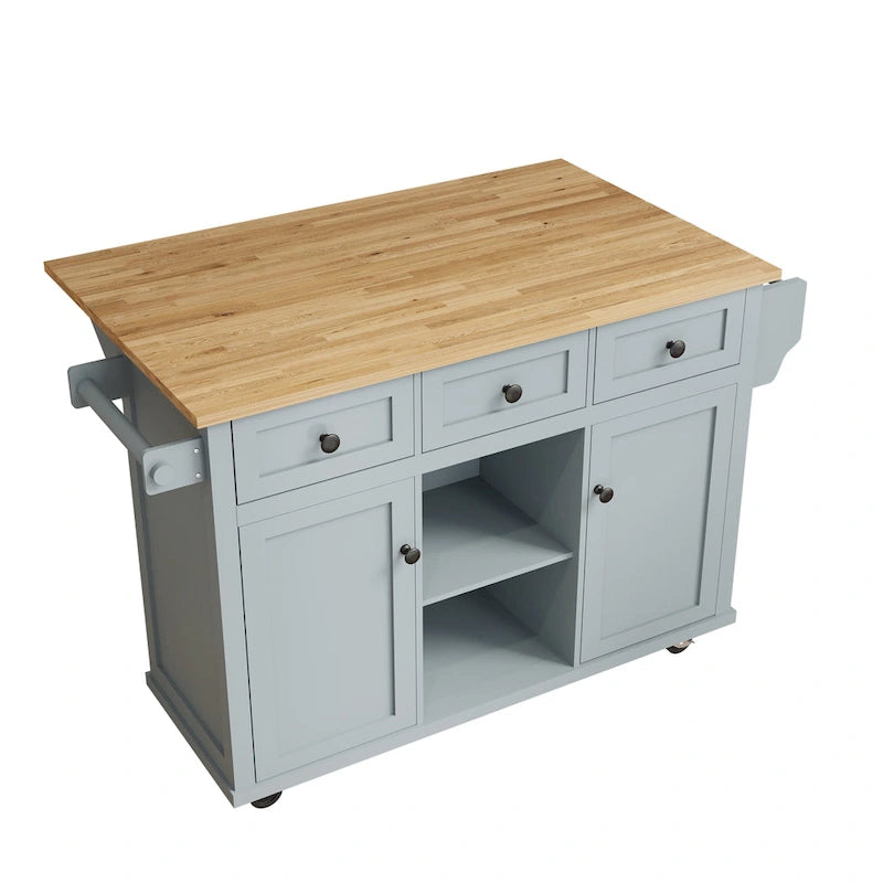 Kitchen Island on 5 Wheels with Storage Cabinet and 3 Drawers