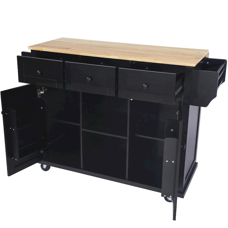 Kitchen Island on 5 Wheels with Storage Cabinet and 3 Drawers