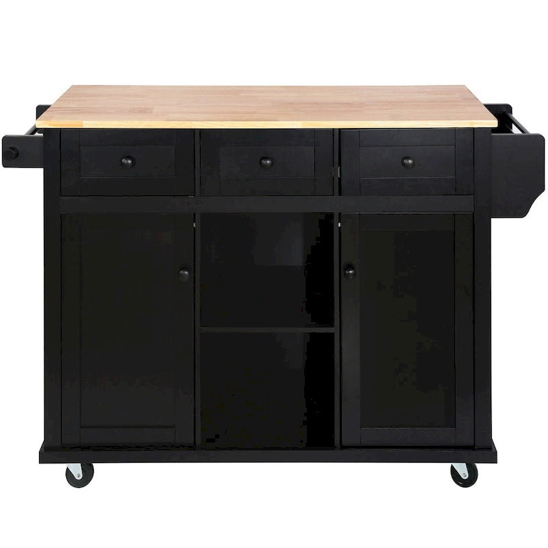 Kitchen Island on 5 Wheels with Storage Cabinet and 3 Drawers