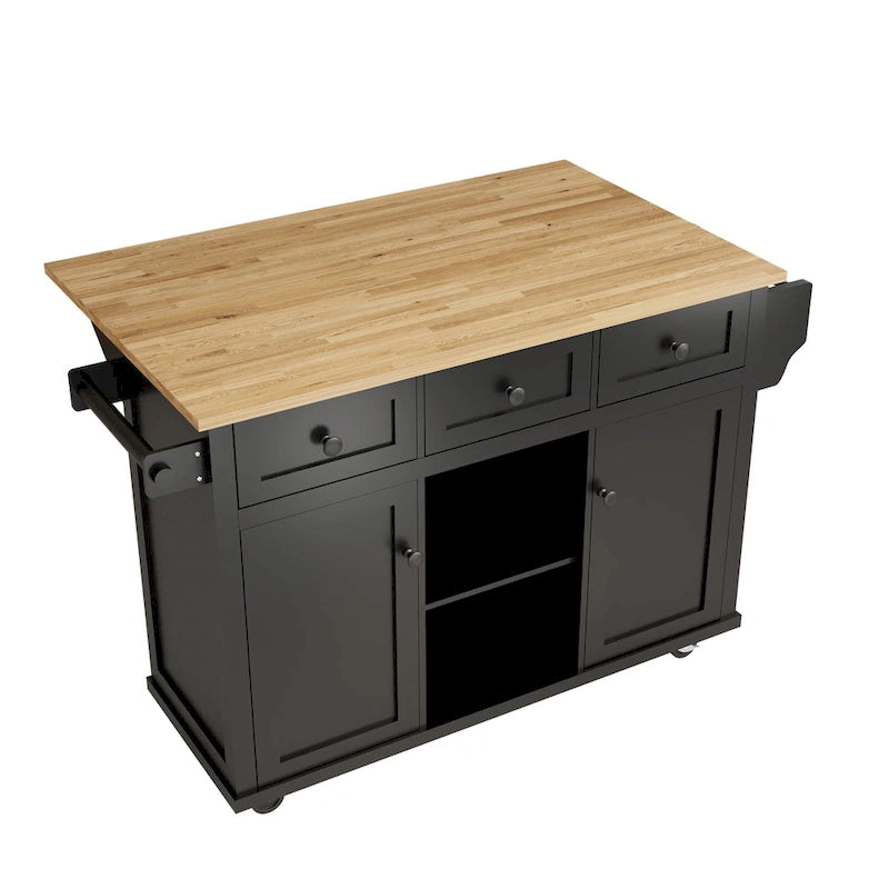 Kitchen Island on 5 Wheels with Storage Cabinet and 3 Drawers