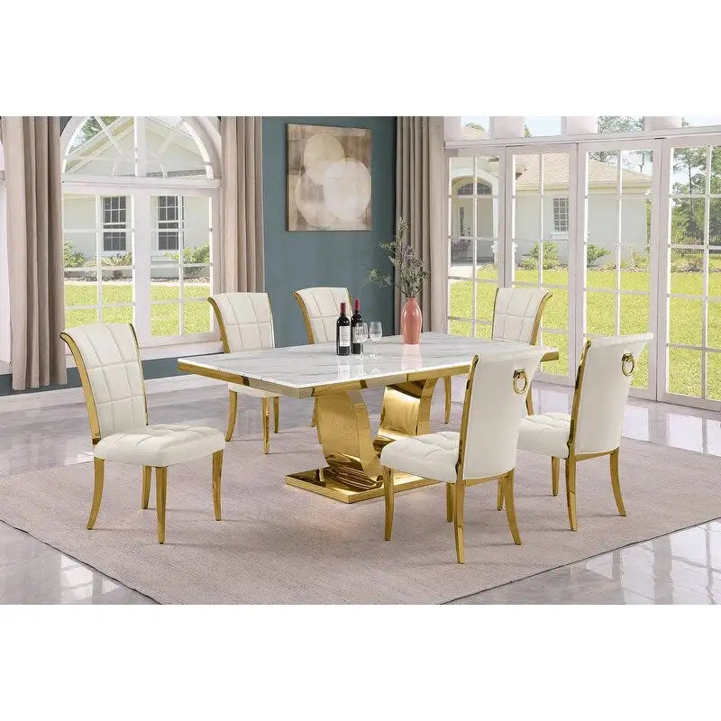 Best Quality Furniture D321-SC324-7 Dining Set with 78 White Marble Top