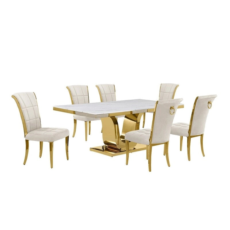 Best Quality Furniture D321-SC324-7 Dining Set with 78 White Marble Top