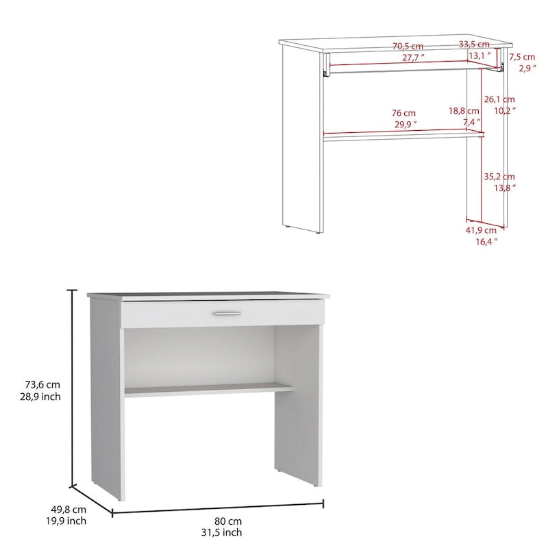 Writting Desk, Compact Workstation with Drawer and Lower Shelf
