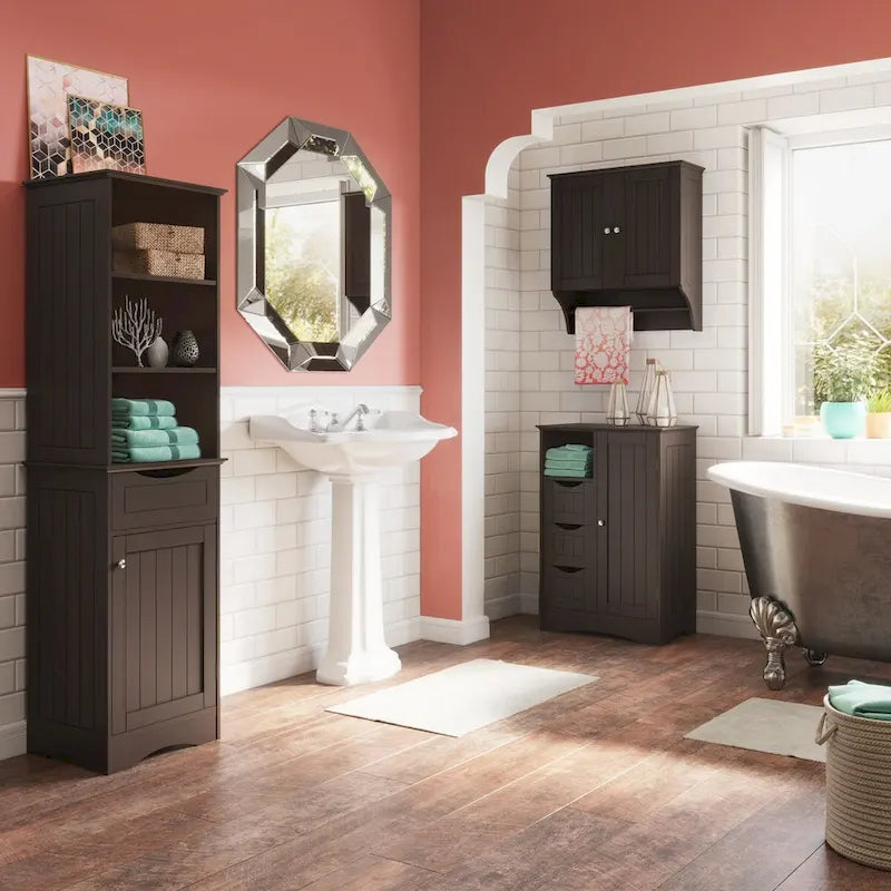 RiverRidge Ashland Tall Bathroom Storage Linen Cabinet and Organizer with Drawer and Shelves