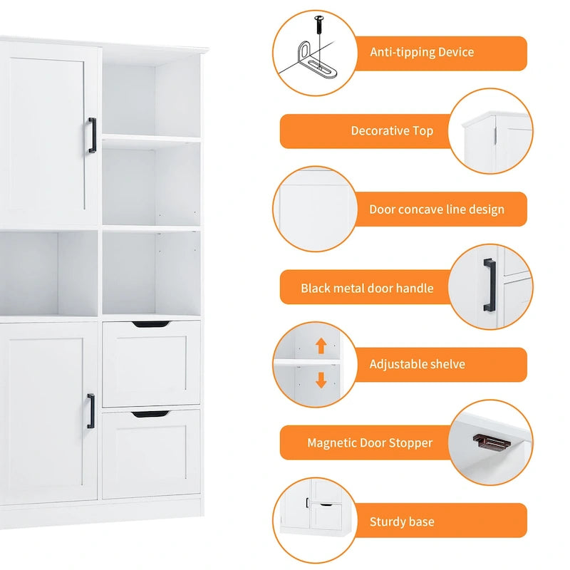 Bathroom Storage Cabinet with 2 Doors, 2 Drawers, Open Shelve & Adjustable Shelf