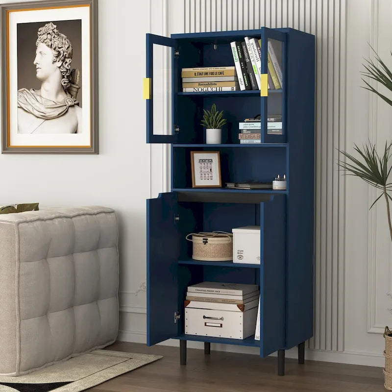 Tall Storage Show Cabinet with 2 Glass Display Door & 2 Doors, Modern Cabinet Freestanding for Bathroom, Dining Living Room