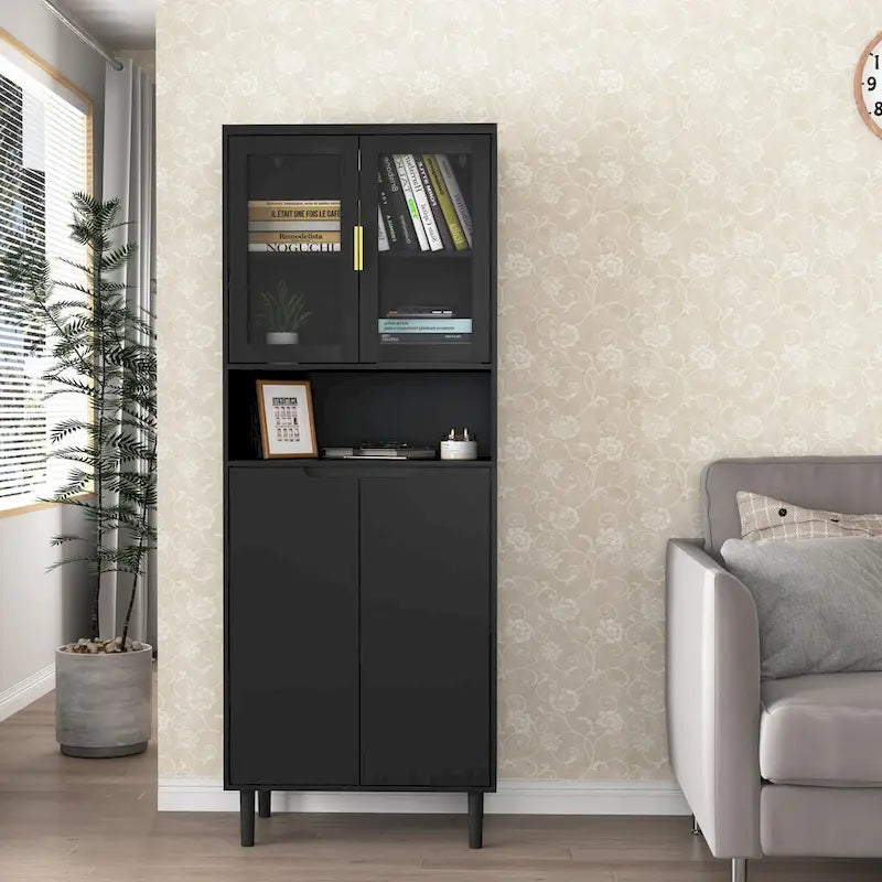 Tall Storage Show Cabinet with 2 Glass Display Door & 2 Doors, Modern Cabinet Freestanding for Bathroom, Dining Living Room