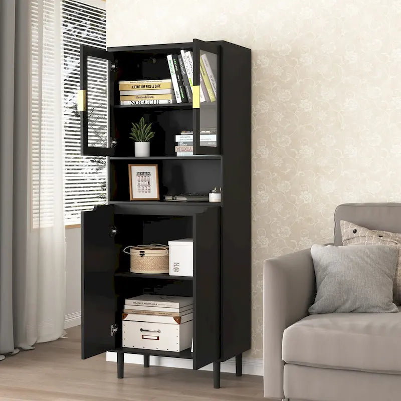 Tall Storage Show Cabinet with 2 Glass Display Door & 2 Doors, Modern Cabinet Freestanding for Bathroom, Dining Living Room