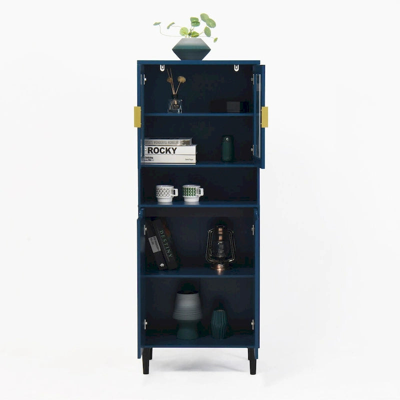 Tall Storage Show Cabinet with 2 Glass Display Door & 2 Doors, Modern Cabinet Freestanding for Bathroom, Dining Living Room