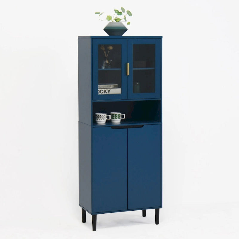 Tall Storage Show Cabinet with 2 Glass Display Door & 2 Doors, Modern Cabinet Freestanding for Bathroom, Dining Living Room