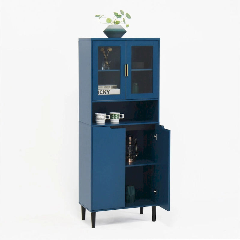 Tall Storage Show Cabinet with 2 Glass Display Door & 2 Doors, Modern Cabinet Freestanding for Bathroom, Dining Living Room