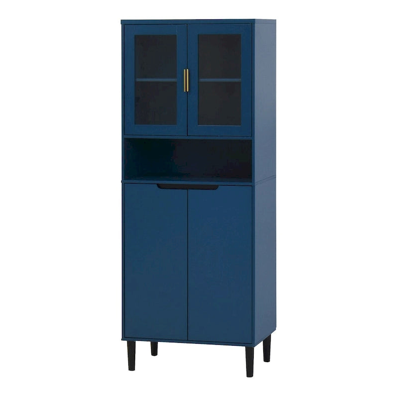 Tall Storage Show Cabinet with 2 Glass Display Door & 2 Doors, Modern Cabinet Freestanding for Bathroom, Dining Living Room