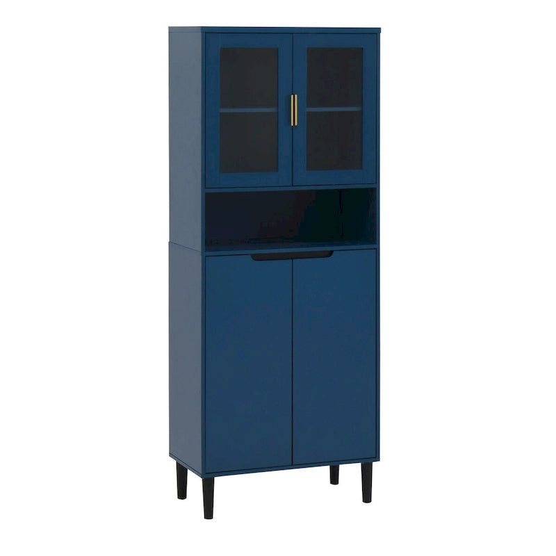 Tall Storage Show Cabinet with 2 Glass Display Door & 2 Doors, Modern Cabinet Freestanding for Bathroom, Dining Living Room
