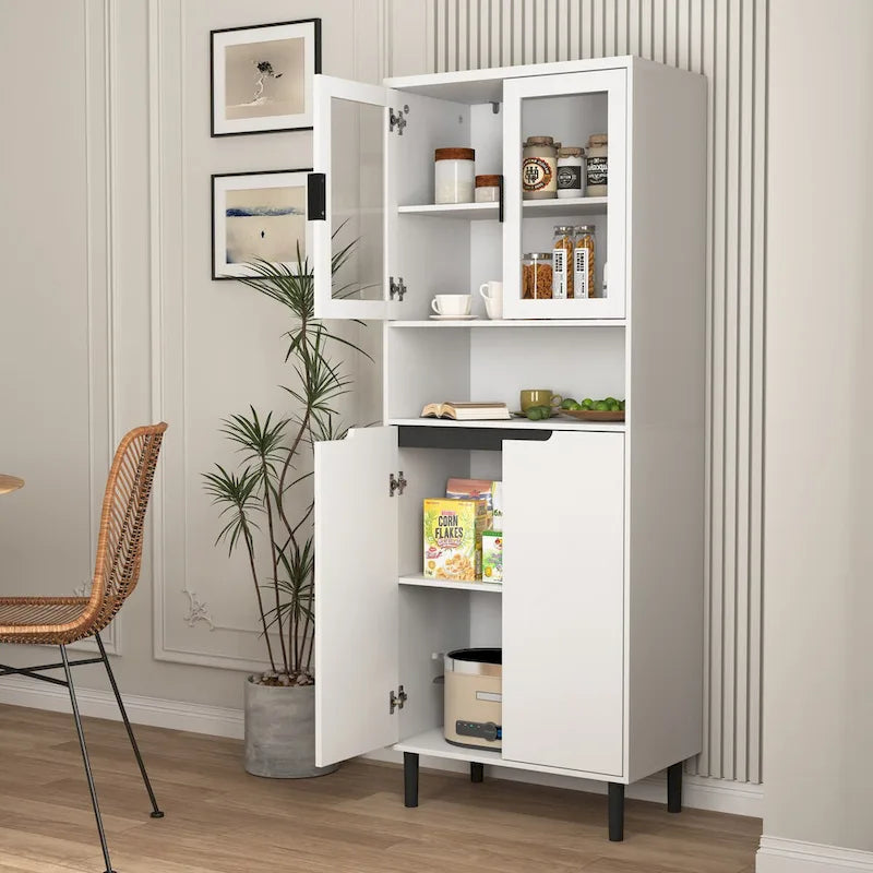 Tall Storage Show Cabinet with 2 Glass Display Door & 2 Doors, Modern Cabinet Freestanding for Bathroom, Dining Living Room
