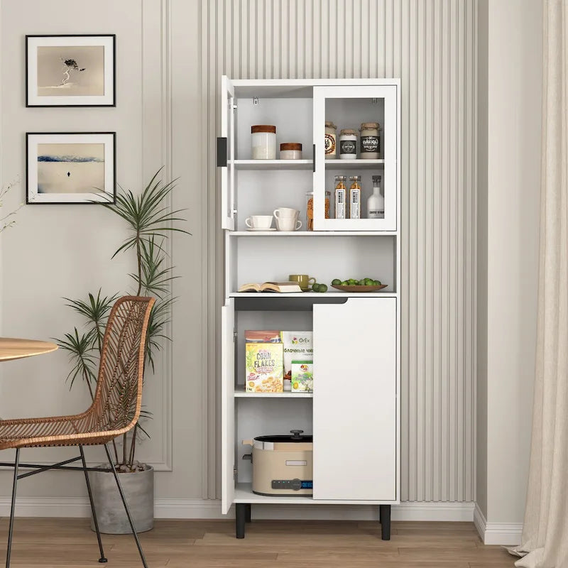 Tall Storage Show Cabinet with 2 Glass Display Door & 2 Doors, Modern Cabinet Freestanding for Bathroom, Dining Living Room