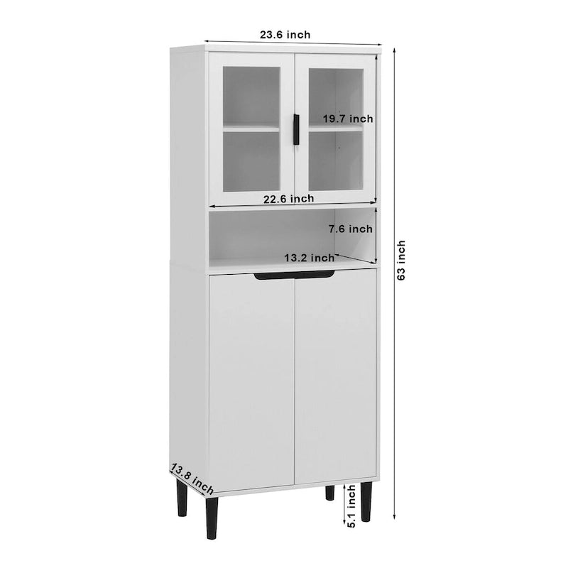 Tall Storage Show Cabinet with 2 Glass Display Door & 2 Doors, Modern Cabinet Freestanding for Bathroom, Dining Living Room