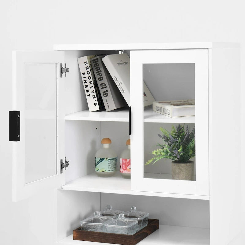 Tall Storage Show Cabinet with 2 Glass Display Door & 2 Doors, Modern Cabinet Freestanding for Bathroom, Dining Living Room