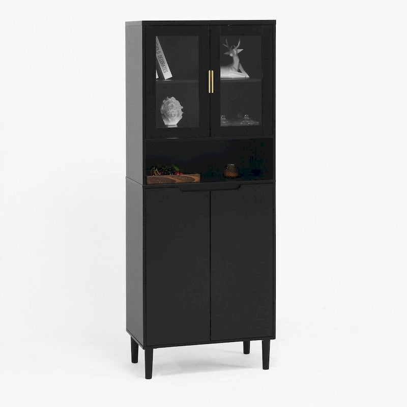 Tall Storage Show Cabinet with 2 Glass Display Door & 2 Doors, Modern Cabinet Freestanding for Bathroom, Dining Living Room