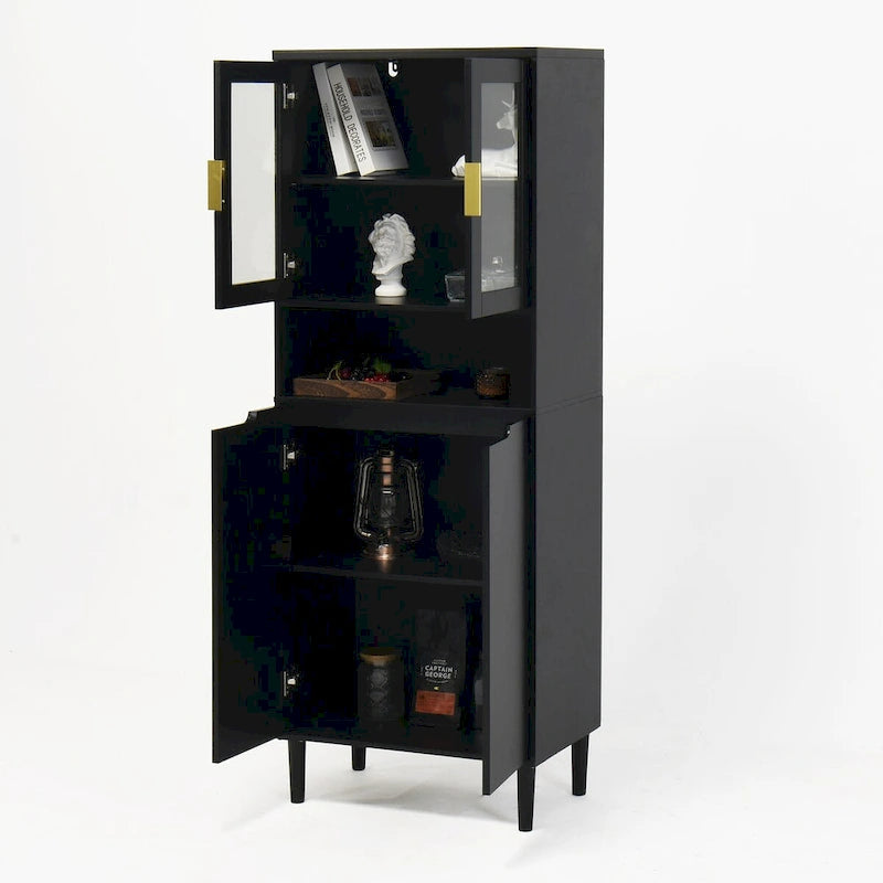 Tall Storage Show Cabinet with 2 Glass Display Door & 2 Doors, Modern Cabinet Freestanding for Bathroom, Dining Living Room