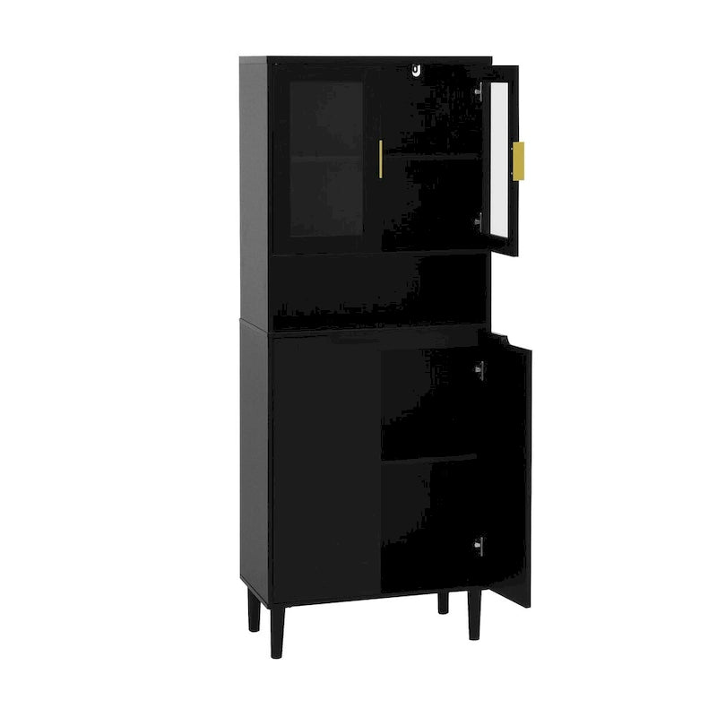 Tall Storage Show Cabinet with 2 Glass Display Door & 2 Doors, Modern Cabinet Freestanding for Bathroom, Dining Living Room