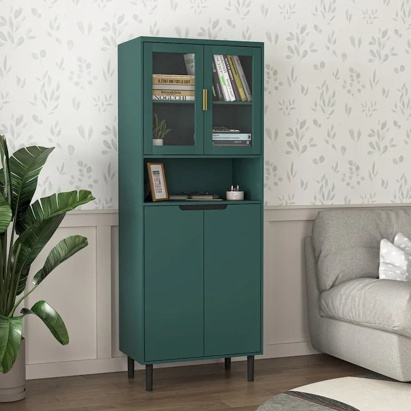 Tall Storage Show Cabinet with 2 Glass Display Door & 2 Doors, Modern Cabinet Freestanding for Bathroom, Dining Living Room