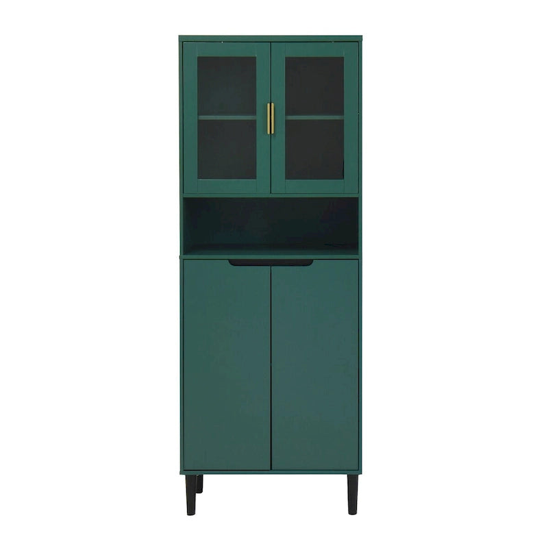 Tall Storage Show Cabinet with 2 Glass Display Door & 2 Doors, Modern Cabinet Freestanding for Bathroom, Dining Living Room