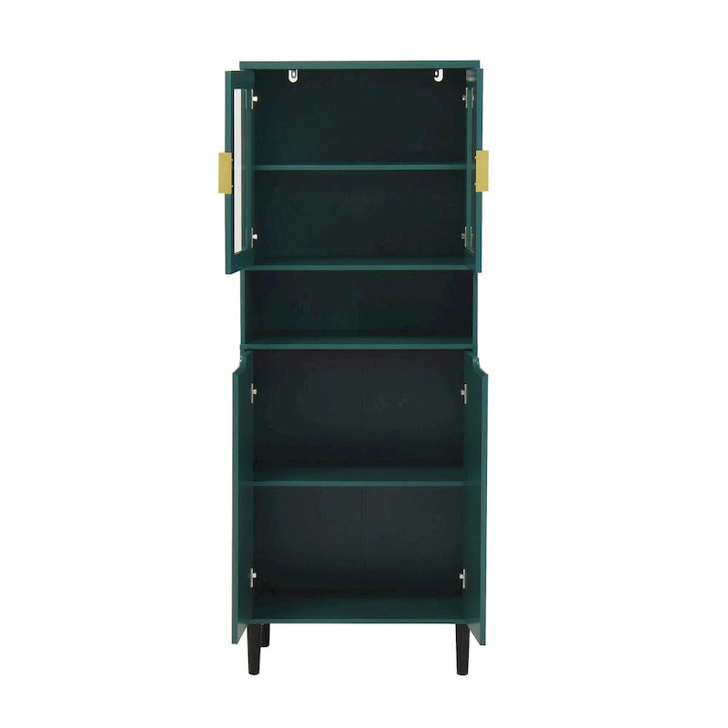 Tall Storage Show Cabinet with 2 Glass Display Door & 2 Doors, Modern Cabinet Freestanding for Bathroom, Dining Living Room