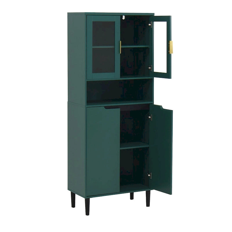 Tall Storage Show Cabinet with 2 Glass Display Door & 2 Doors, Modern Cabinet Freestanding for Bathroom, Dining Living Room