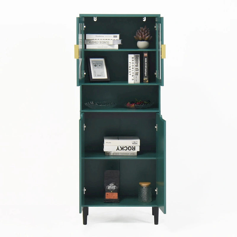 Tall Storage Show Cabinet with 2 Glass Display Door & 2 Doors, Modern Cabinet Freestanding for Bathroom, Dining Living Room