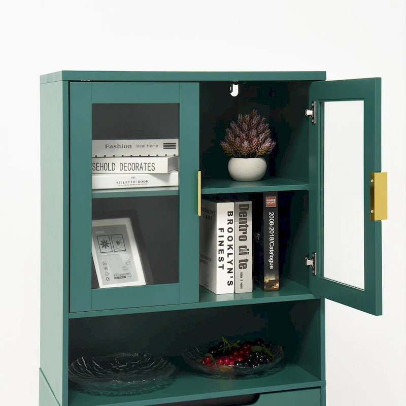 Tall Storage Show Cabinet with 2 Glass Display Door & 2 Doors, Modern Cabinet Freestanding for Bathroom, Dining Living Room