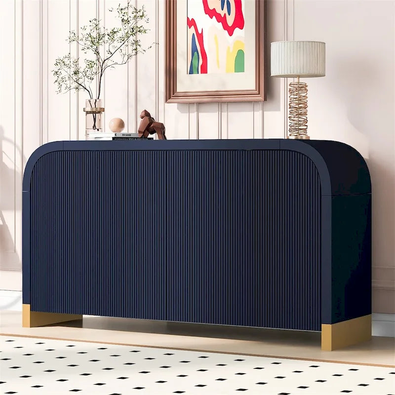 Wood Curved Corner Cabinet with Adjustable Shelves and 4 Door