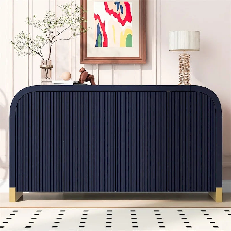 Wood Curved Corner Cabinet with Adjustable Shelves and 4 Door