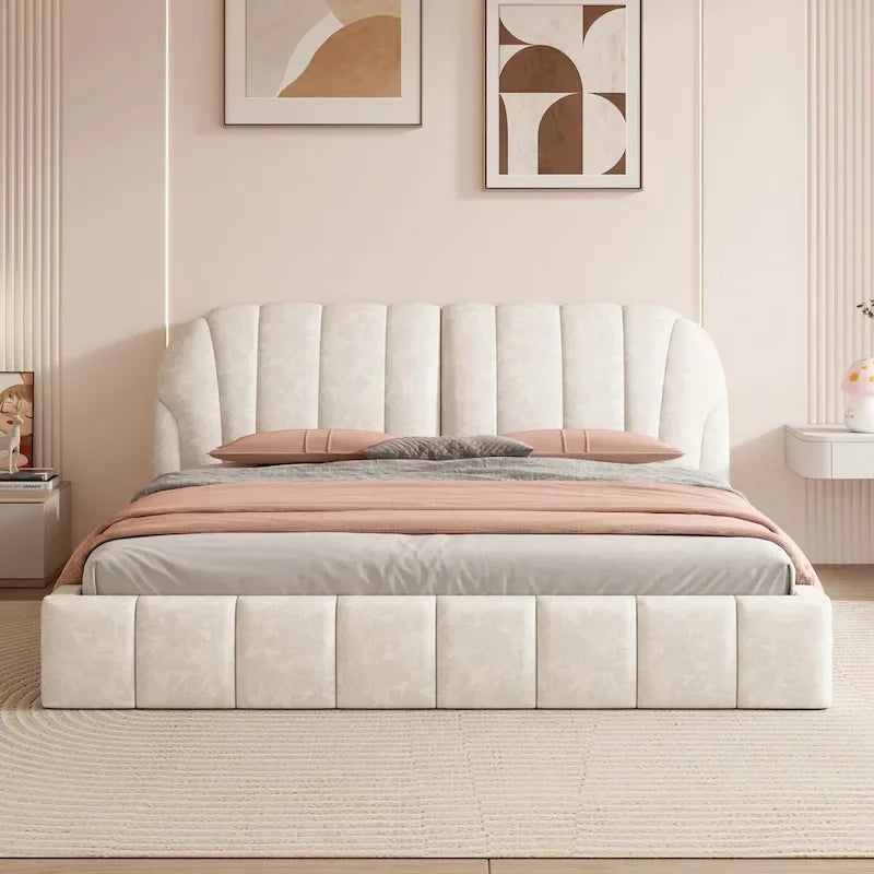 Queen Size Upholstered Platform Bed with Thick Fabric Headboard