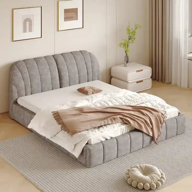 Queen Size Upholstered Platform Bed with Thick Fabric Headboard