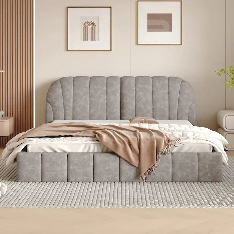 Queen Size Upholstered Platform Bed with Thick Fabric Headboard