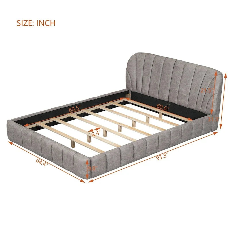 Queen Size Upholstered Platform Bed with Thick Fabric Headboard